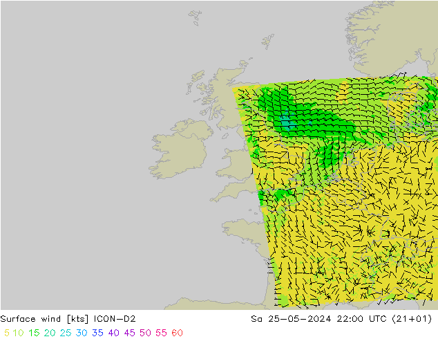 Surface wind ICON-D2 Sa 25.05.2024 22 UTC