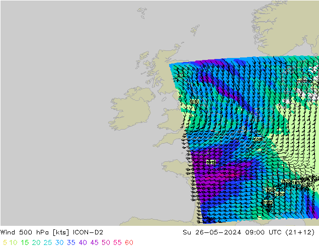 Viento 500 hPa ICON-D2 dom 26.05.2024 09 UTC