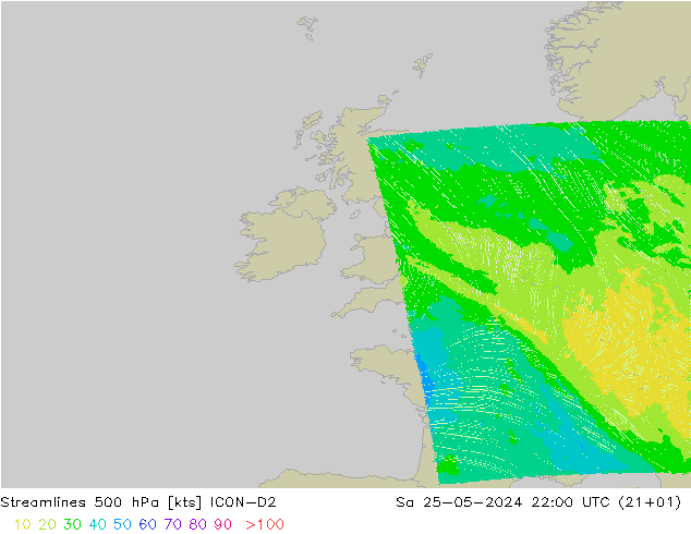 Línea de corriente 500 hPa ICON-D2 sáb 25.05.2024 22 UTC