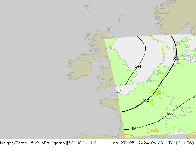 Height/Temp. 500 hPa ICON-D2 Mo 27.05.2024 09 UTC