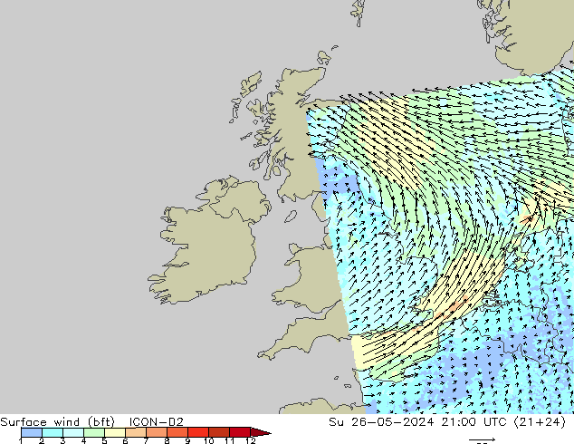 Wind 10 m (bft) ICON-D2 zo 26.05.2024 21 UTC