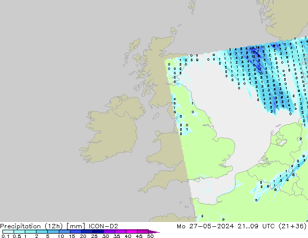 Precipitazione (12h) ICON-D2 lun 27.05.2024 09 UTC