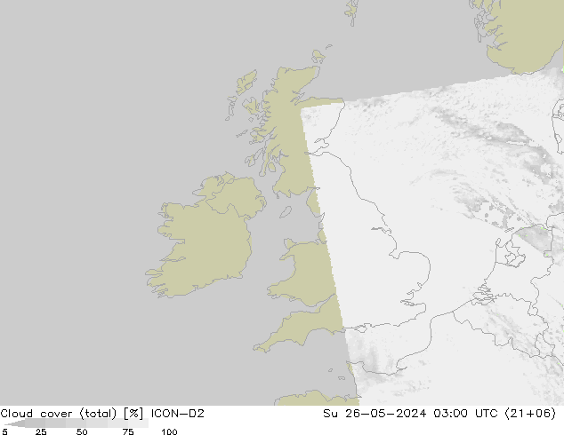 Cloud cover (total) ICON-D2 Su 26.05.2024 03 UTC