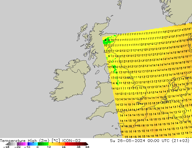 Max.temperatuur (2m) ICON-D2 zo 26.05.2024 00 UTC