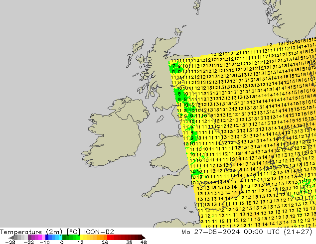 mapa temperatury (2m) ICON-D2 pon. 27.05.2024 00 UTC