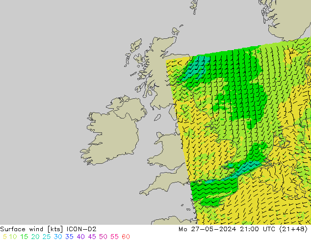 Wind 10 m ICON-D2 ma 27.05.2024 21 UTC