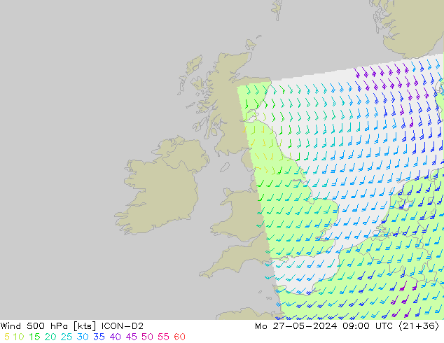 Vento 500 hPa ICON-D2 lun 27.05.2024 09 UTC