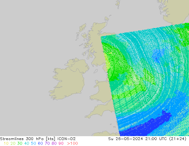 Streamlines 300 hPa ICON-D2 Su 26.05.2024 21 UTC