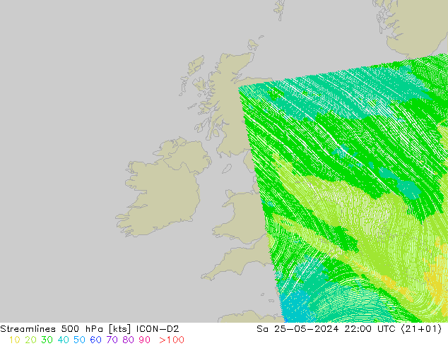 Linia prądu 500 hPa ICON-D2 so. 25.05.2024 22 UTC