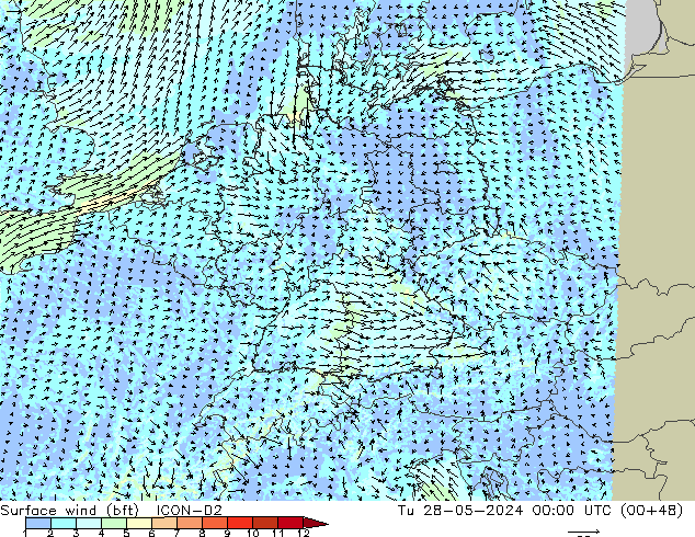 Vent 10 m (bft) ICON-D2 mar 28.05.2024 00 UTC