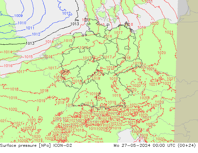 Surface pressure ICON-D2 Mo 27.05.2024 00 UTC