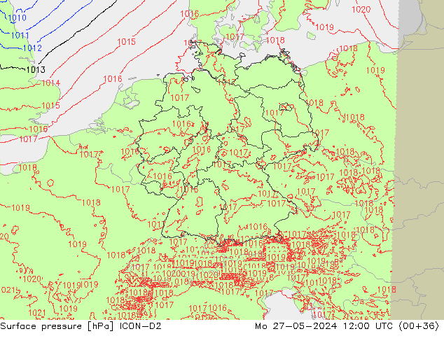 Surface pressure ICON-D2 Mo 27.05.2024 12 UTC