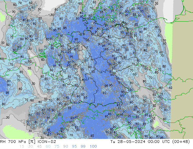 RH 700 hPa ICON-D2 Tu 28.05.2024 00 UTC