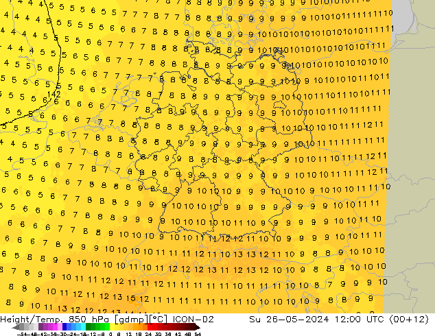 Height/Temp. 850 hPa ICON-D2  26.05.2024 12 UTC