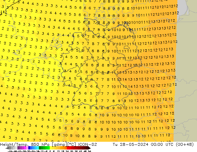 Height/Temp. 850 hPa ICON-D2 Tu 28.05.2024 00 UTC