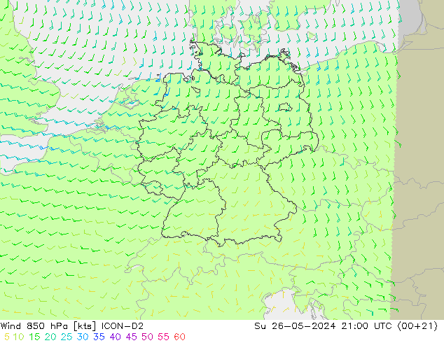 Wind 850 hPa ICON-D2 Su 26.05.2024 21 UTC