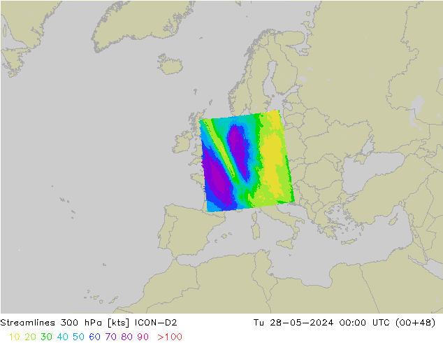 Linea di flusso 300 hPa ICON-D2 mar 28.05.2024 00 UTC