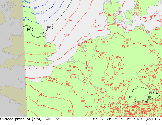 Luchtdruk (Grond) ICON-D2 ma 27.05.2024 18 UTC