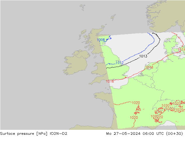 Surface pressure ICON-D2 Mo 27.05.2024 06 UTC