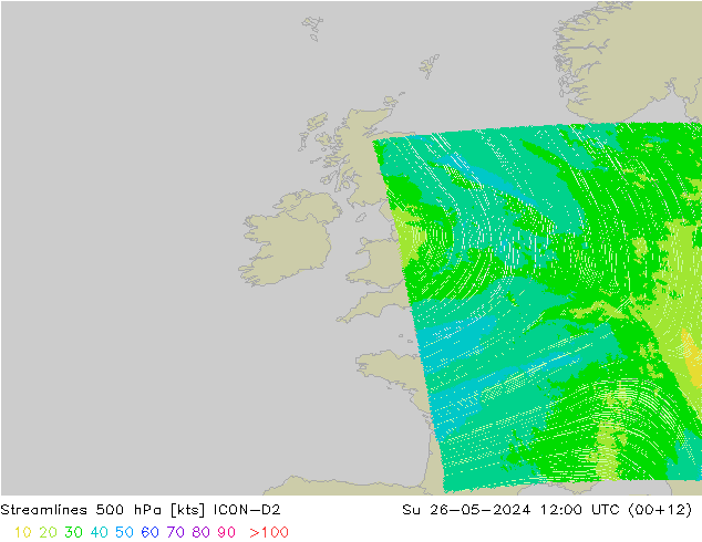 Linia prądu 500 hPa ICON-D2 nie. 26.05.2024 12 UTC