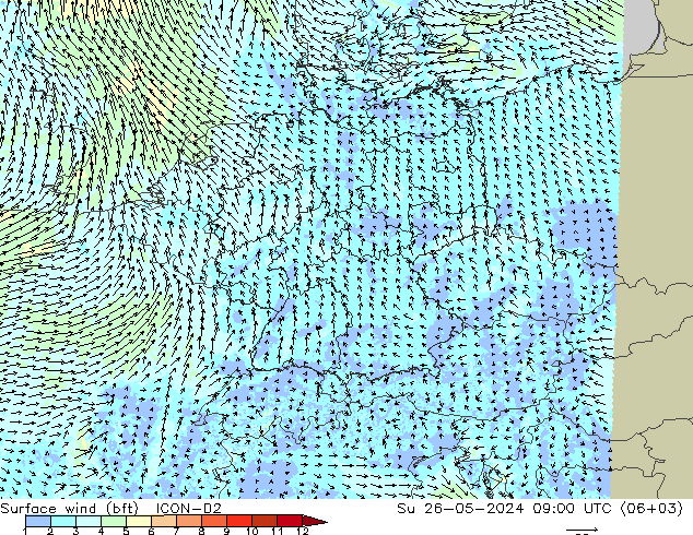 Surface wind (bft) ICON-D2 Ne 26.05.2024 09 UTC