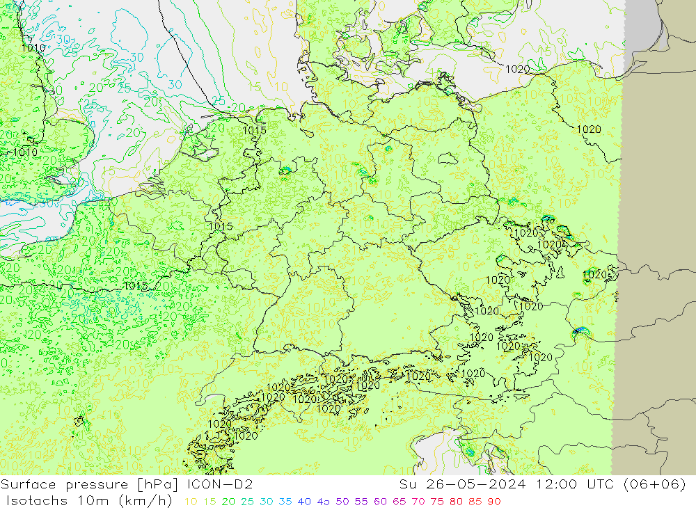 Isotachen (km/h) ICON-D2 zo 26.05.2024 12 UTC