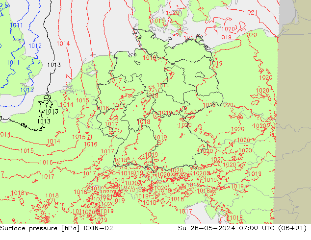 pressão do solo ICON-D2 Dom 26.05.2024 07 UTC