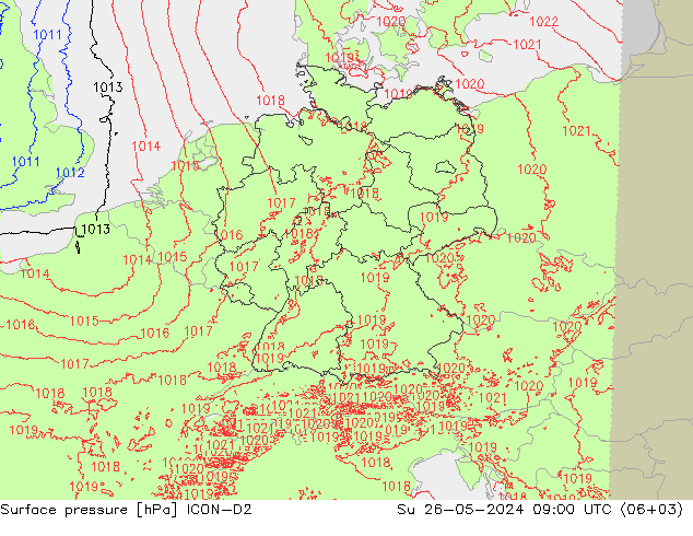 Luchtdruk (Grond) ICON-D2 zo 26.05.2024 09 UTC