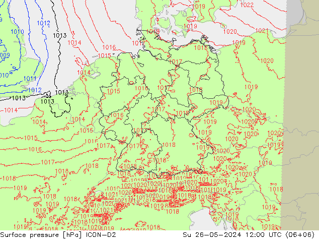 Pressione al suolo ICON-D2 dom 26.05.2024 12 UTC