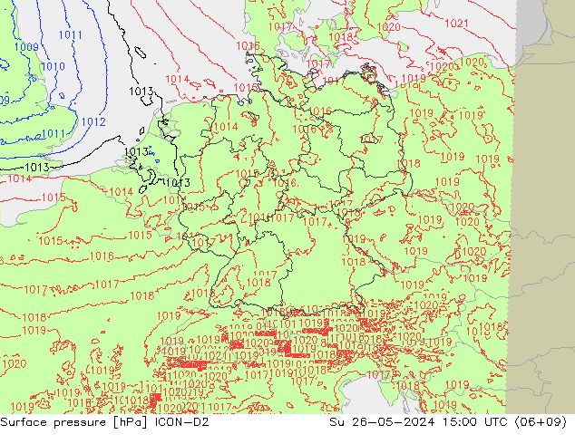 Presión superficial ICON-D2 dom 26.05.2024 15 UTC