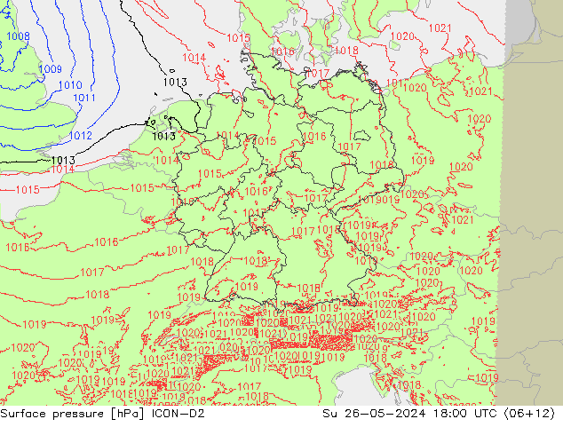 Presión superficial ICON-D2 dom 26.05.2024 18 UTC