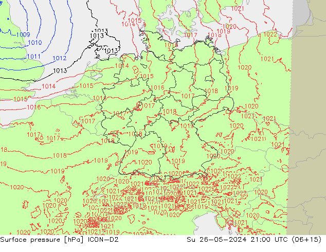 Surface pressure ICON-D2 Su 26.05.2024 21 UTC