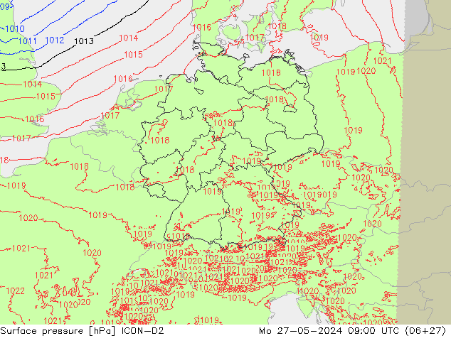 Presión superficial ICON-D2 lun 27.05.2024 09 UTC