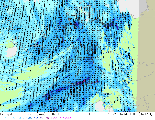 Precipitation accum. ICON-D2 wto. 28.05.2024 06 UTC