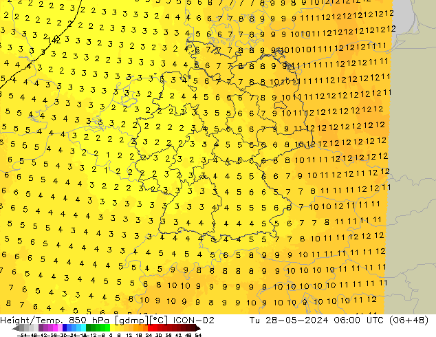 Hoogte/Temp. 850 hPa ICON-D2 di 28.05.2024 06 UTC