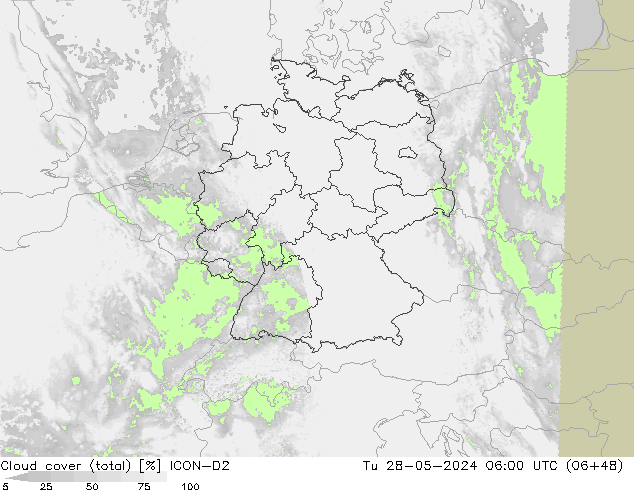 Cloud cover (total) ICON-D2 Tu 28.05.2024 06 UTC