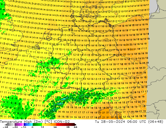 Temperature High (2m) ICON-D2 Tu 28.05.2024 06 UTC