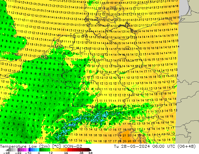 Temperature Low (2m) ICON-D2 Tu 28.05.2024 06 UTC