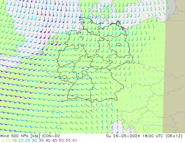 Vento 500 hPa ICON-D2 dom 26.05.2024 18 UTC