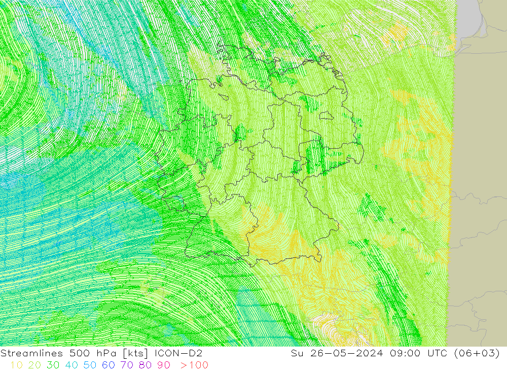 Streamlines 500 hPa ICON-D2 Su 26.05.2024 09 UTC