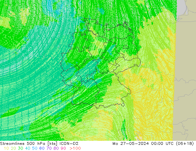 Linia prądu 500 hPa ICON-D2 pon. 27.05.2024 00 UTC