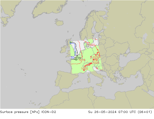 pressão do solo ICON-D2 Dom 26.05.2024 07 UTC