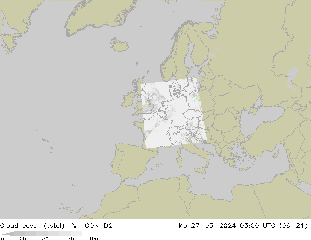 Cloud cover (total) ICON-D2 Mo 27.05.2024 03 UTC