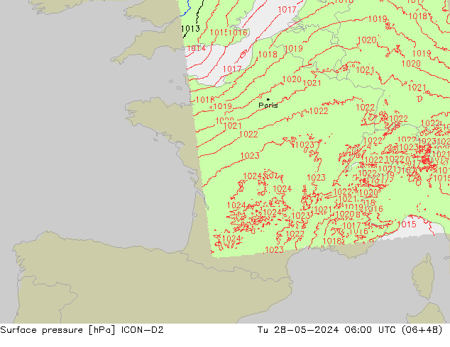 Presión superficial ICON-D2 mar 28.05.2024 06 UTC