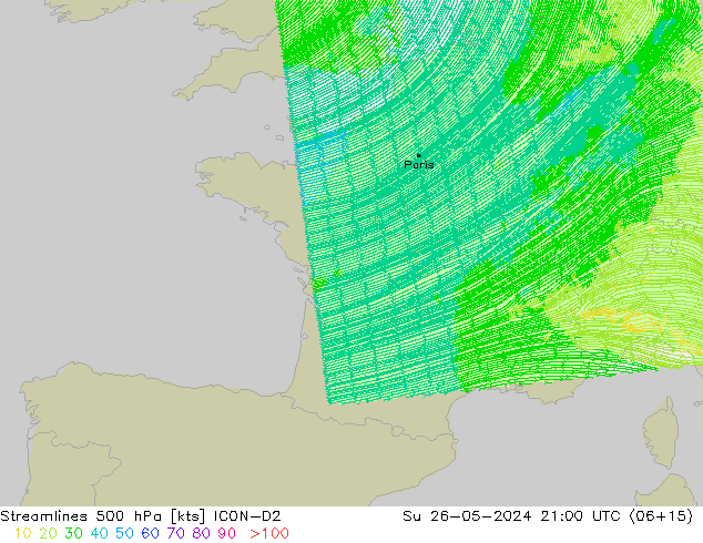 Linea di flusso 500 hPa ICON-D2 dom 26.05.2024 21 UTC