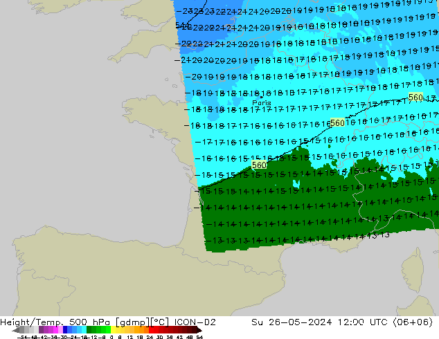 Height/Temp. 500 hPa ICON-D2 dom 26.05.2024 12 UTC