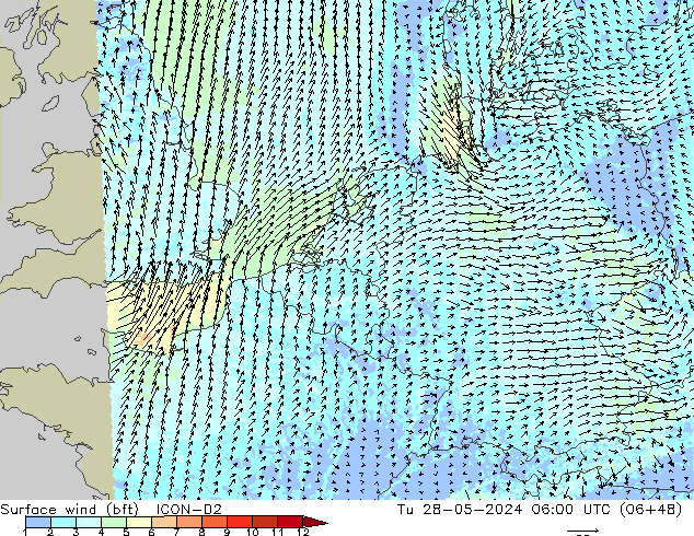 Surface wind (bft) ICON-D2 Tu 28.05.2024 06 UTC