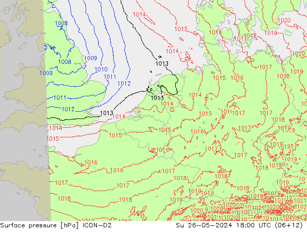 Pressione al suolo ICON-D2 dom 26.05.2024 18 UTC