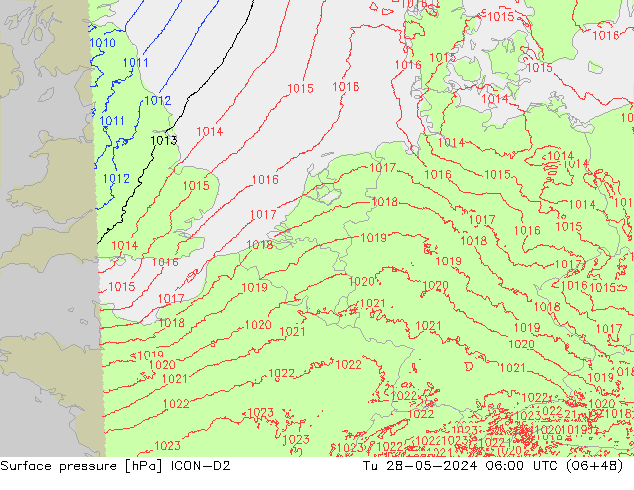 Atmosférický tlak ICON-D2 Út 28.05.2024 06 UTC