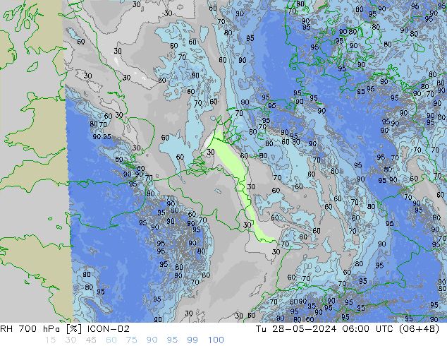 Humidité rel. 700 hPa ICON-D2 mar 28.05.2024 06 UTC